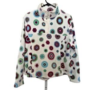 LL Bean Fleece Pullover 1/4 Snap Floral and White Womens Large EUC Colorful